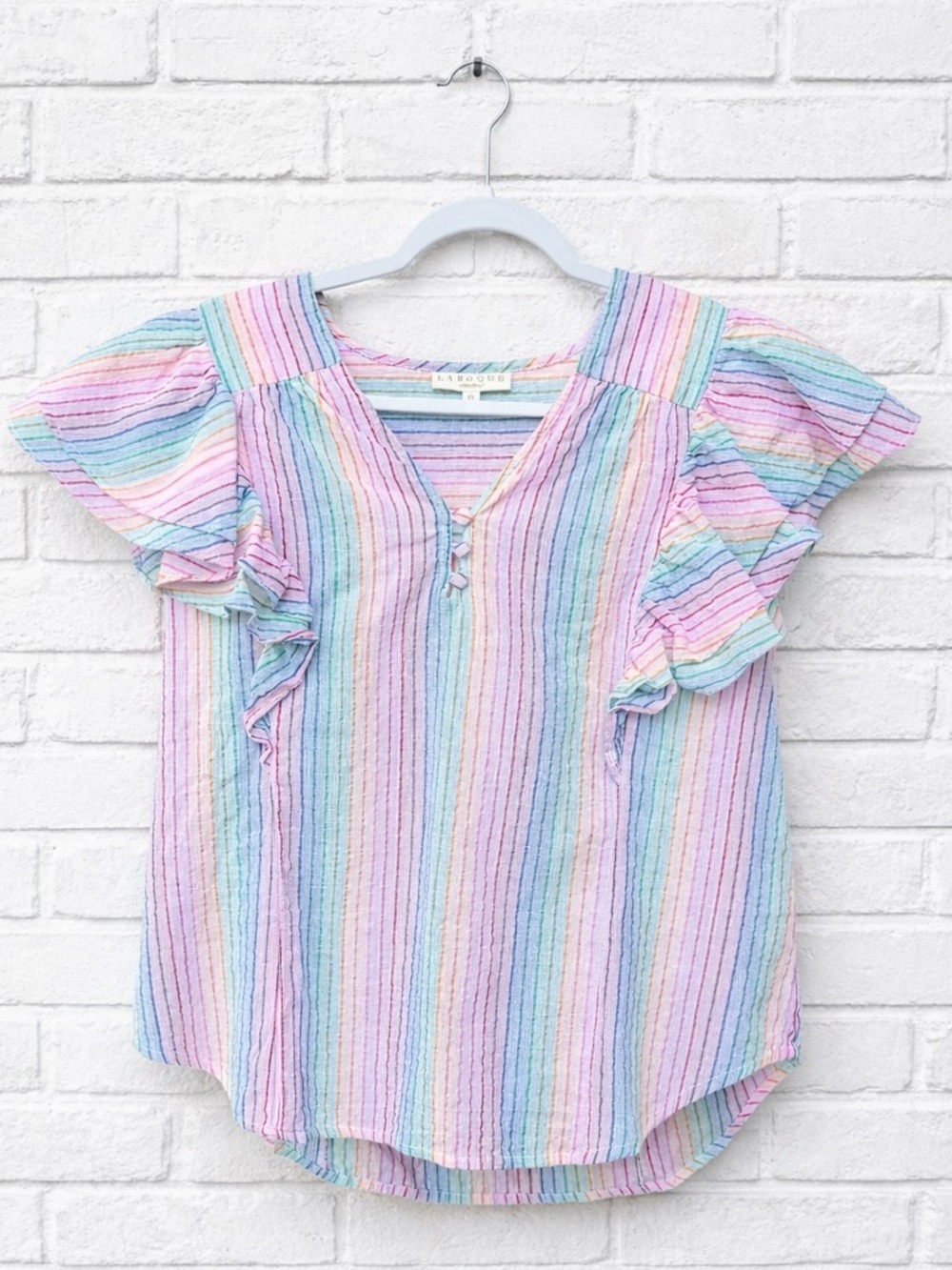 Laroque Blouse Top Shirt Stripe Ruffle Cotton India Resort Beachy M